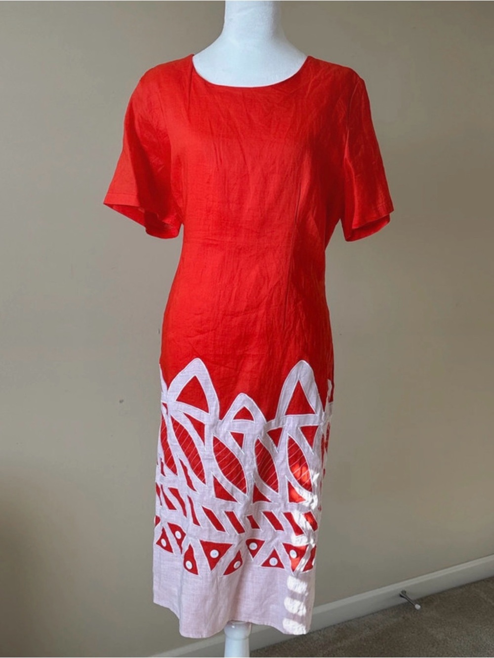 EY Signature Orange Midi Dress with White Geometric Trim